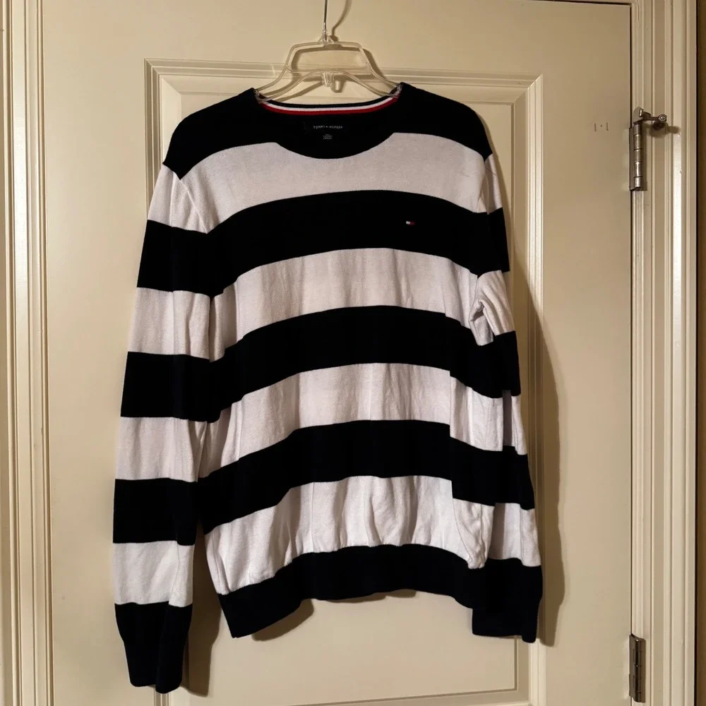 Tommy Hilfiger Mens XXL Striped Crewneck Sweater Navy White Cotton Knit Logo